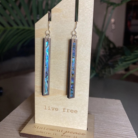 HANDMADE Jewelry Set Artisan ABALONE Wood Shell Pendant Ring & Dangle Earrings - Picture 2 of 6